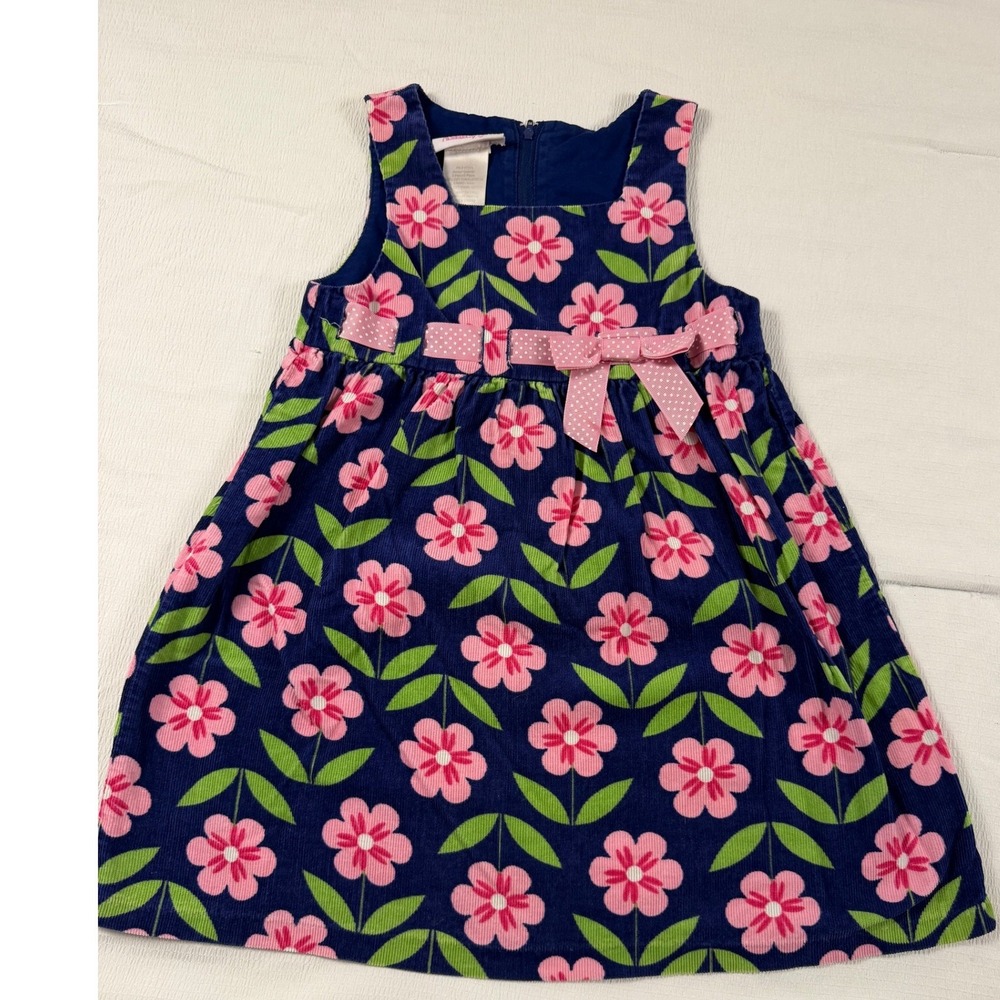 Vintage Ashley Ann Girls Navy Blue Pink Floral Corduroy Jumper Dress Size Preppy